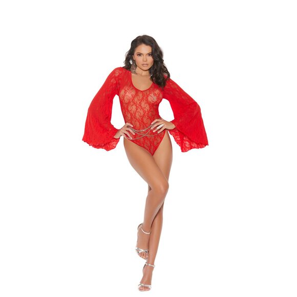 🔥 NEW Red Lace Teddy with Bell Sleeves Keyhole Back - Picture 2 of 6